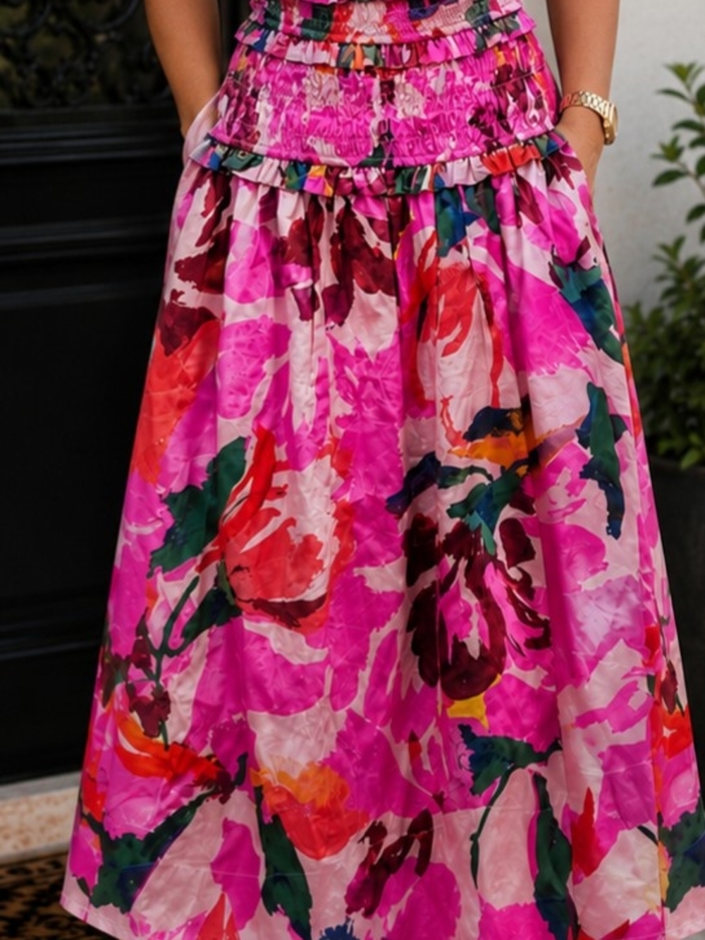 Girls' Pink Floral Smocked Waist Casual Dress